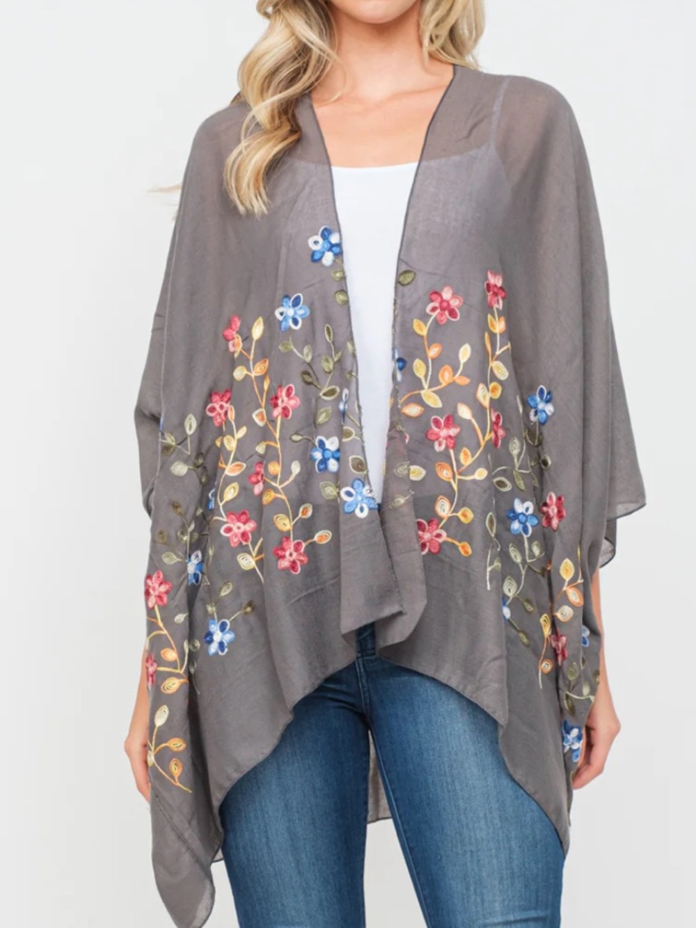 Raj Gray Kimono with Multicolor Floral Embroidery